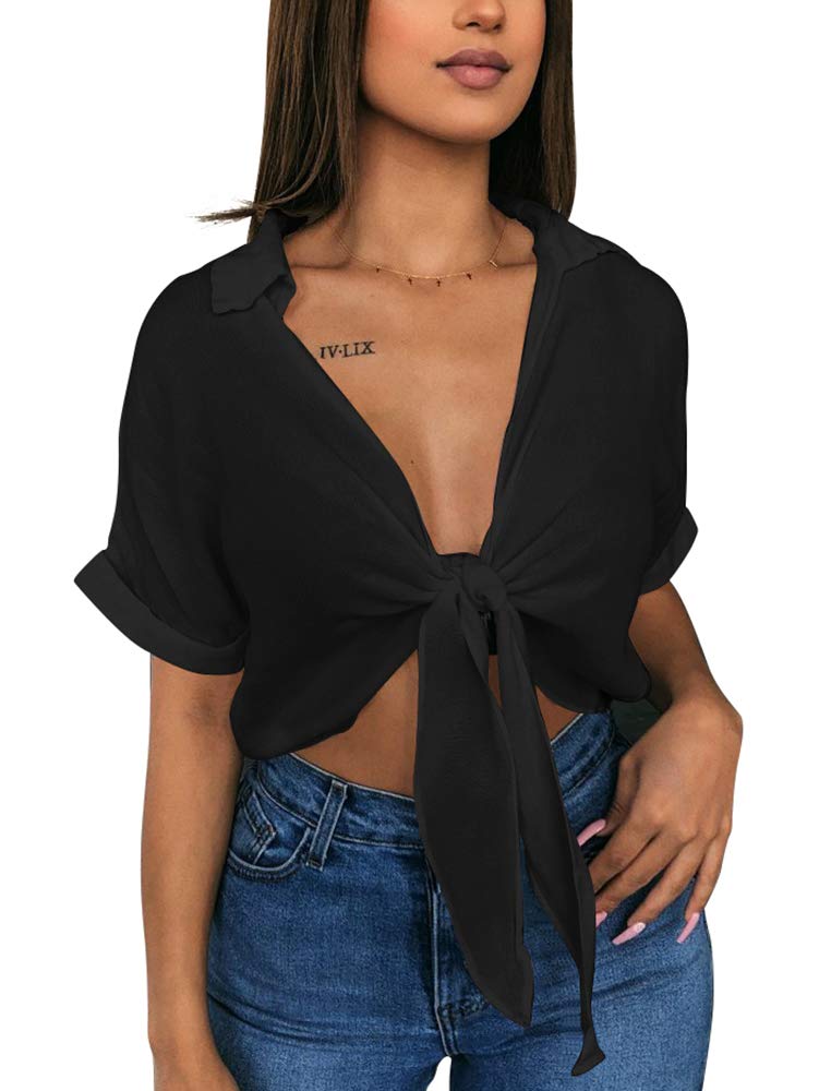 GOBLES Womens Summer Short Sleeve Shirts V Neck Tie Knot Batwing Blouses Tops Black - Image 1